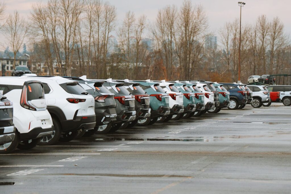 A line of parked cars in an outdoor urban parking lot on a cloudy day.